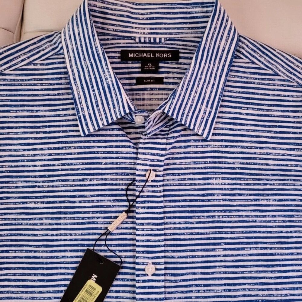Michael Kors Men's Slim-Fit Striped Stretch Cotton Shirt, Chambray, Size XL